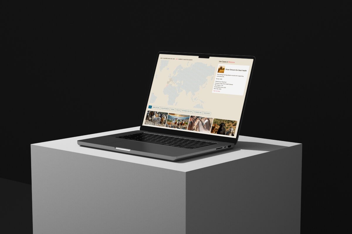 EU-funded project interactive map mockup on a black laptop displayed on a pedestal