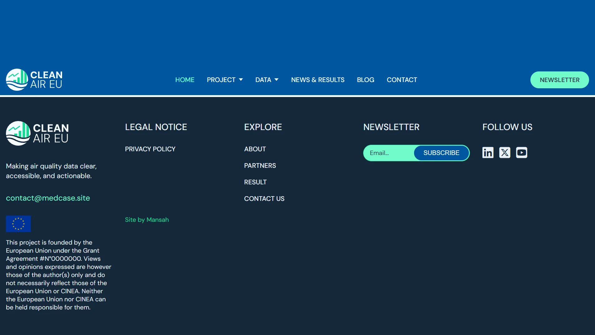 Pied de page de CleanAir EU : mentions legales, inscription a la lettre d information et mention du financement Horizon Europe