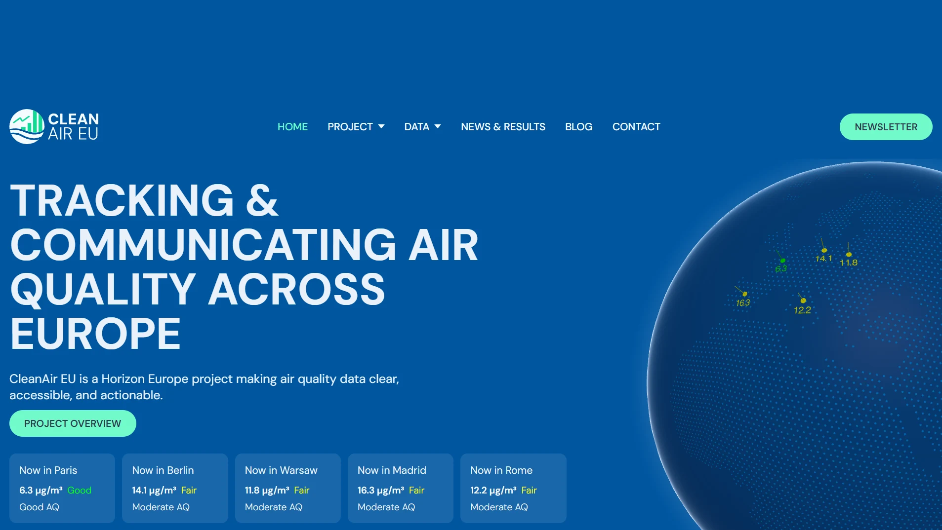 Page d accueil de CleanAir EU : suivi et communication de la qualite de l air en Europe, avec les releves en direct de cinq villes