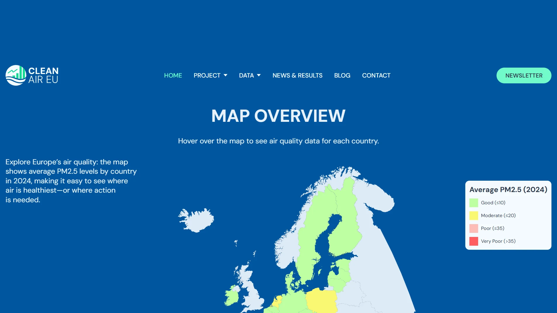 Carte interactive de CleanAir EU : moyenne des particules PM2.5 par pays europeen en 2024