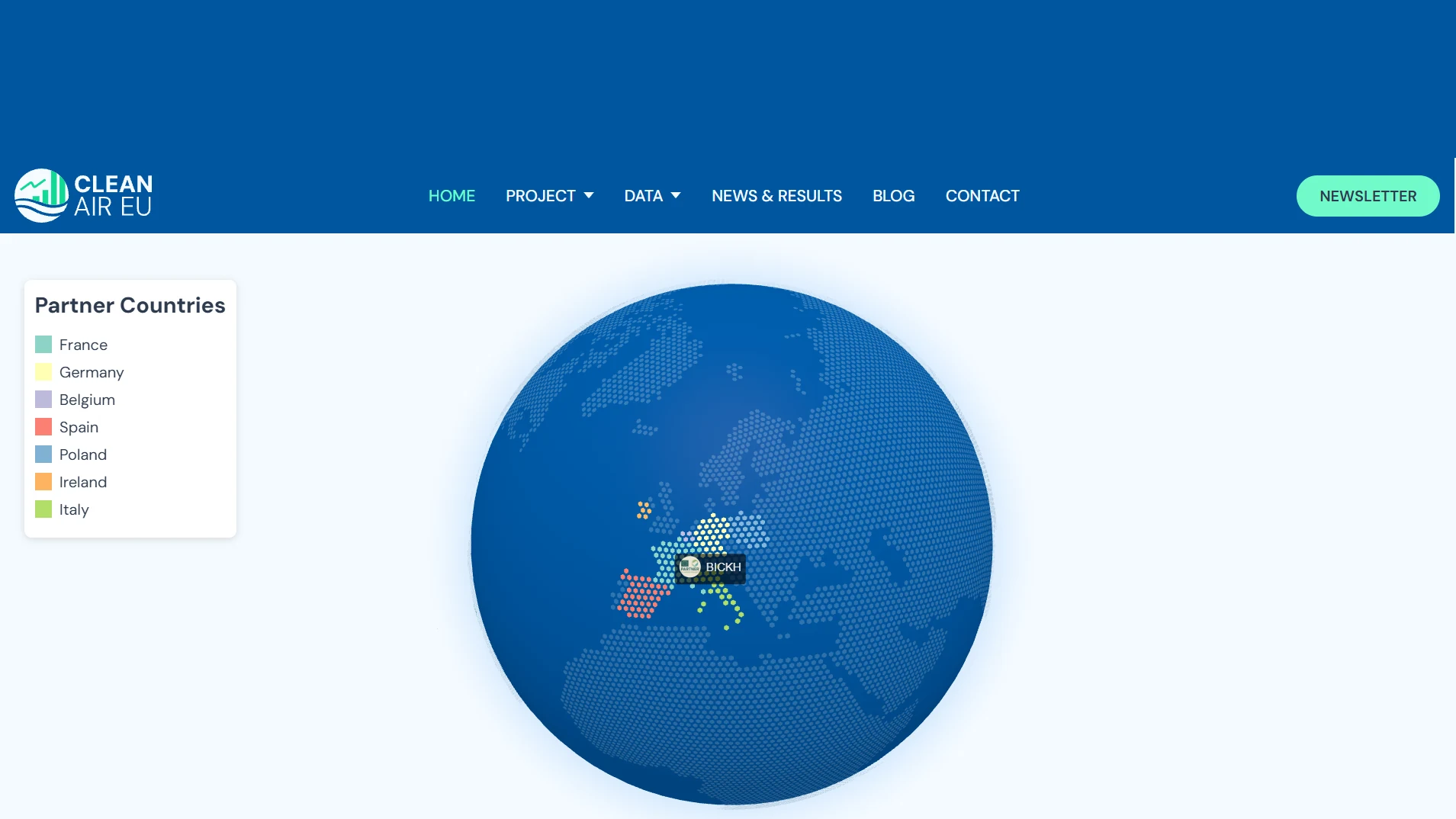 Carte des pays partenaires de CleanAir EU : France, Allemagne, Belgique, Espagne, Pologne, Irlande et Italie