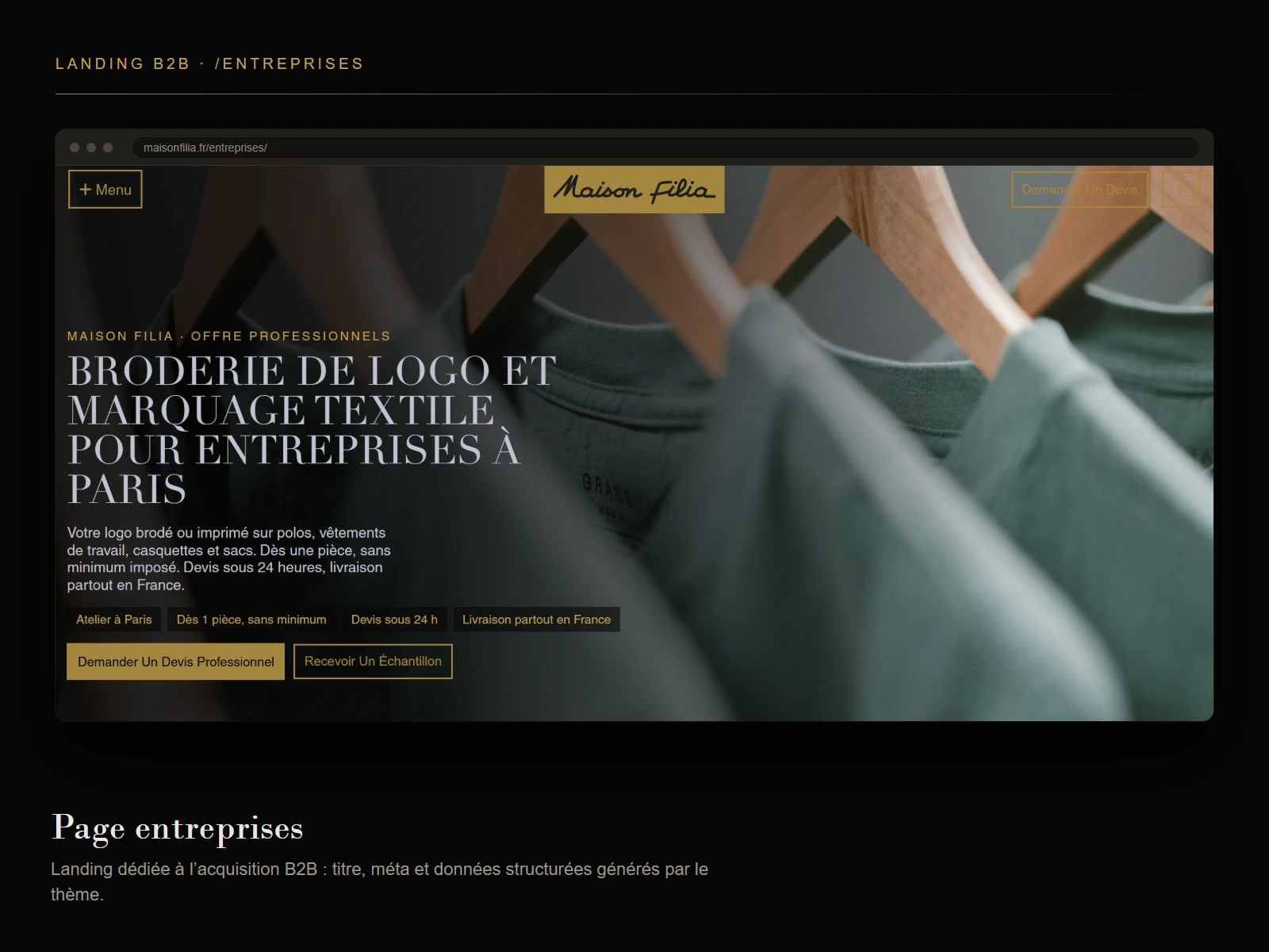 Page entreprises de Maison Filia, landing B2B pour la broderie de logo a Paris