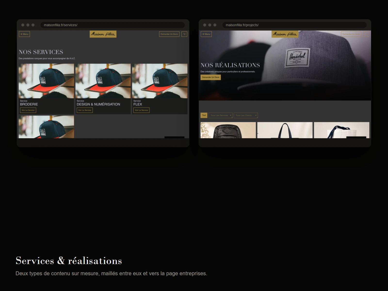Pages services et realisations du site Maison Filia