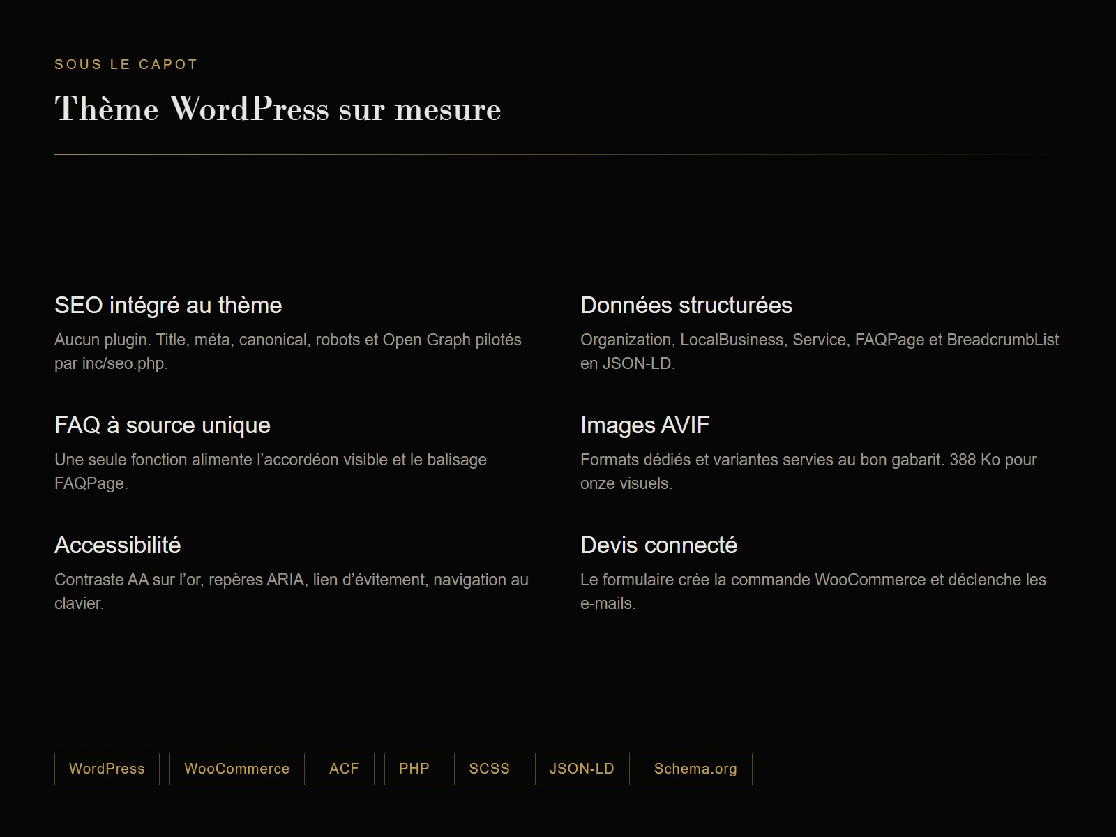Details techniques du theme WordPress sur mesure de Maison Filia