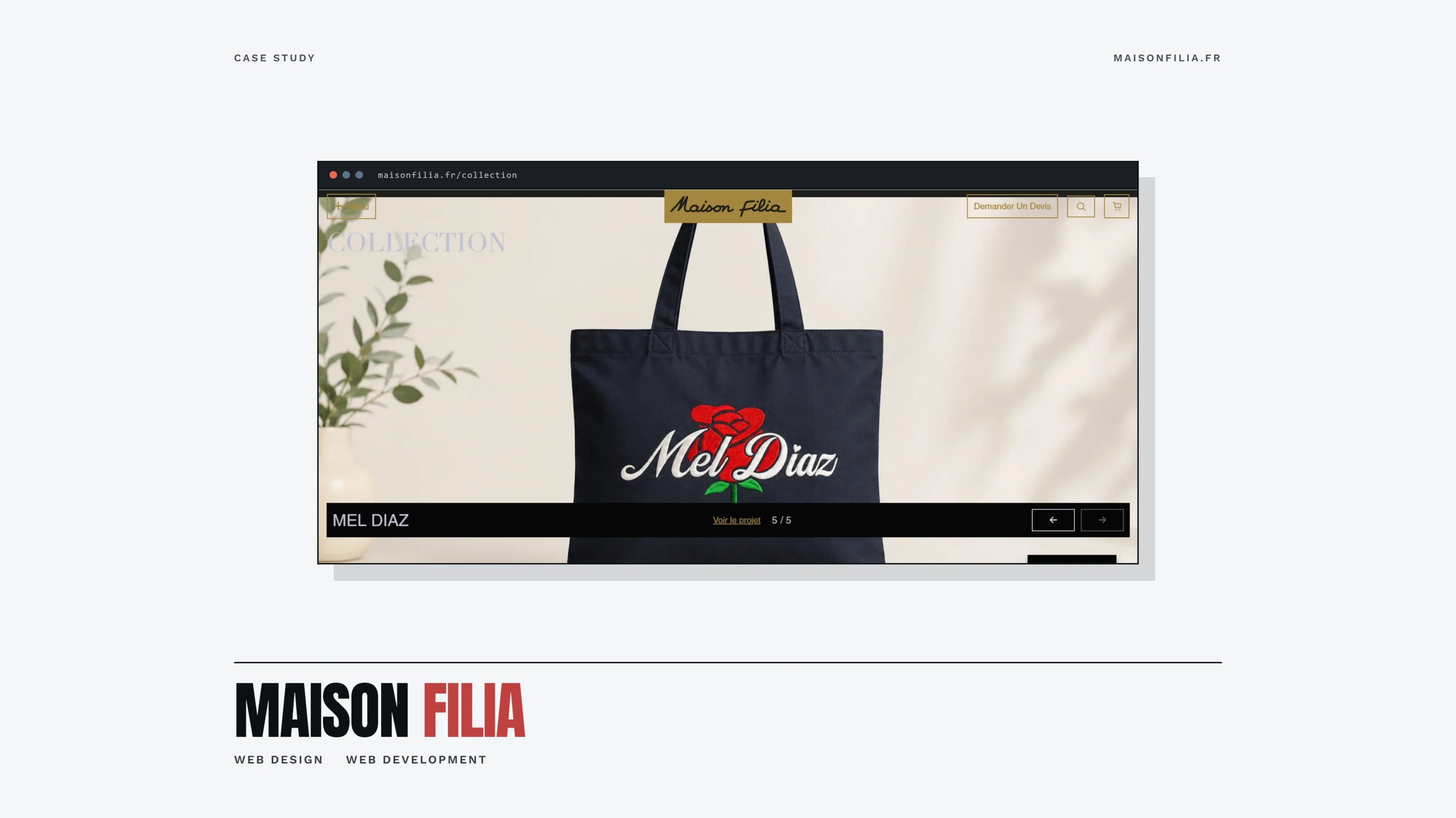Page collection de maisonfilia.fr : un tote bag brode Mel Diaz presente dans le carrousel de realisations, avec sa barre de legende et sa navigation