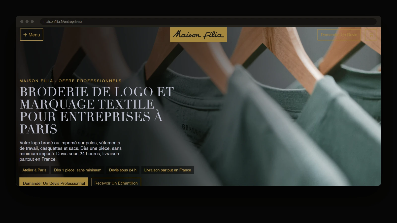 Page entreprises de Maison Filia, hero et arguments commerciaux