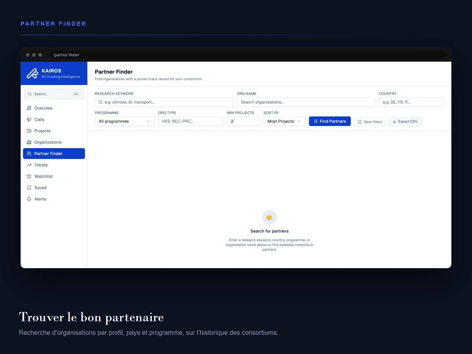 Partner Finder de Kairos, recherche d organisations par profil
