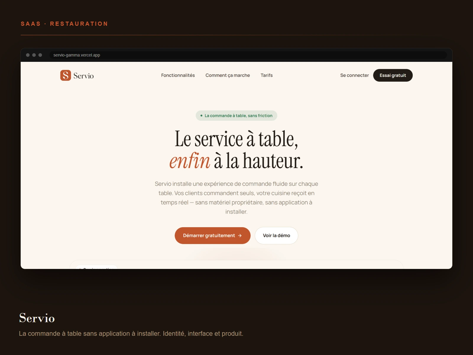 Page d accueil de Servio, la commande a table sans application