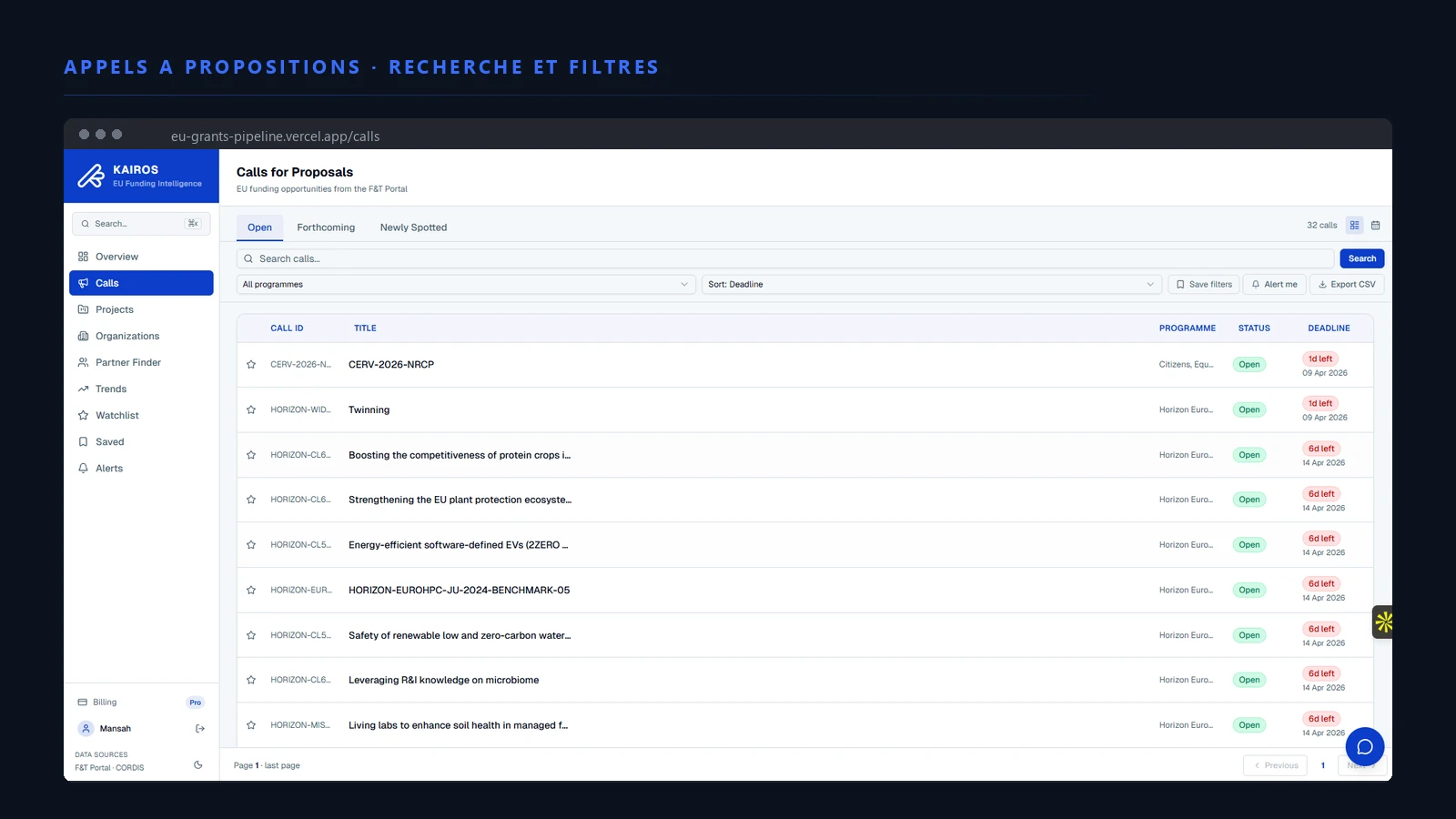 Kairos, appels a propositions : recherche, filtres par programme et export CSV