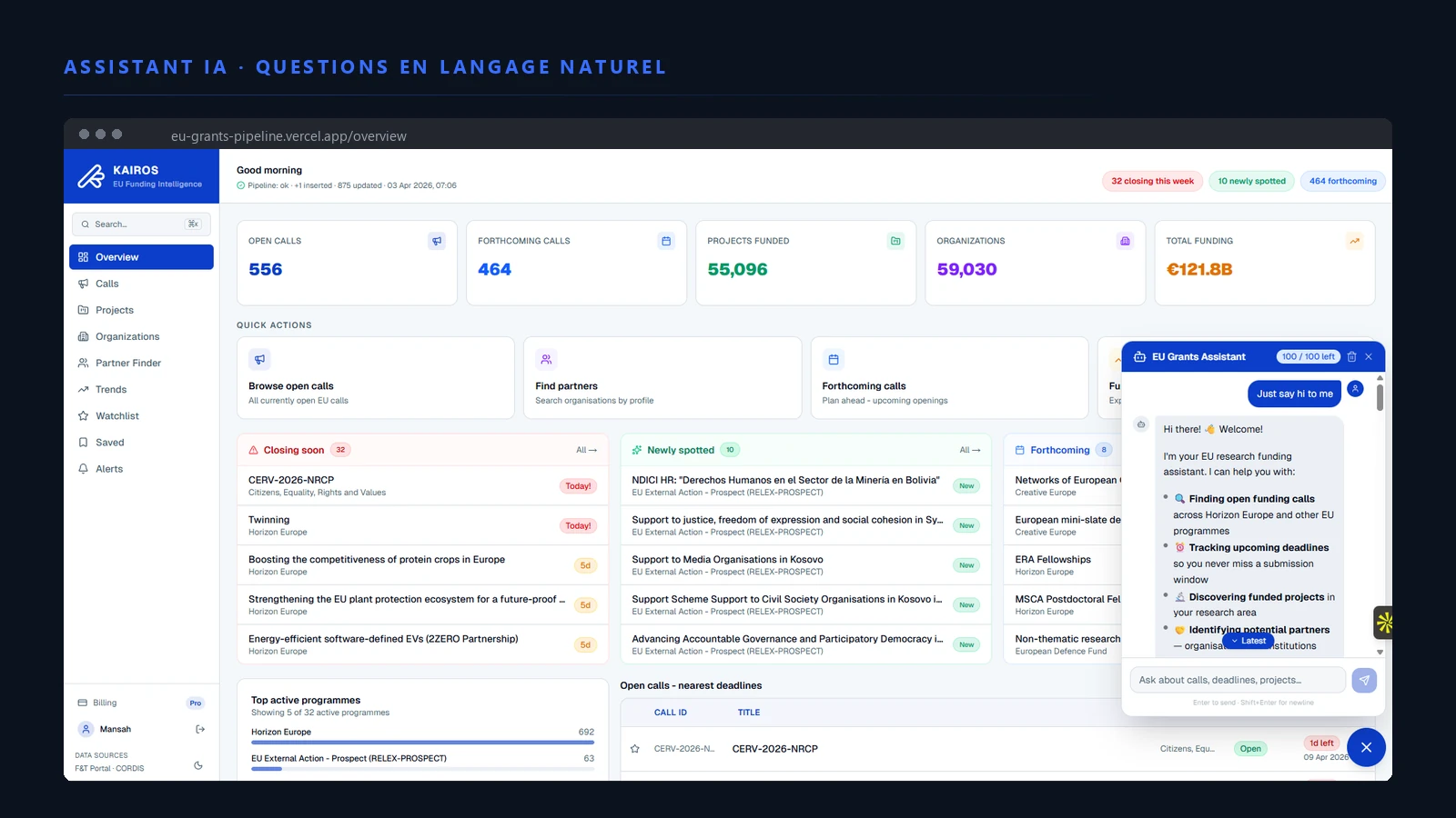 Assistant IA de Kairos, questions en langage naturel sur les appels et les projets